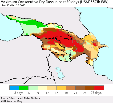 Azerbaijan, Armenia and Georgia Maximum Consecutive Dry Days in past 30 days (USAF 557th WW) 02/10/2022 Thematic Map For 2/6/2022 - 2/10/2022