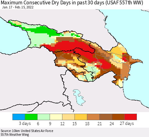 Azerbaijan, Armenia and Georgia Maximum Consecutive Dry Days in past 30 days (USAF 557th WW) 02/15/2022 Thematic Map For 2/11/2022 - 2/15/2022