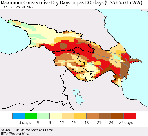 Azerbaijan, Armenia and Georgia Maximum Consecutive Dry Days in past 30 days (USAF 557th WW) 02/20/2022 Thematic Map For 2/16/2022 - 2/20/2022