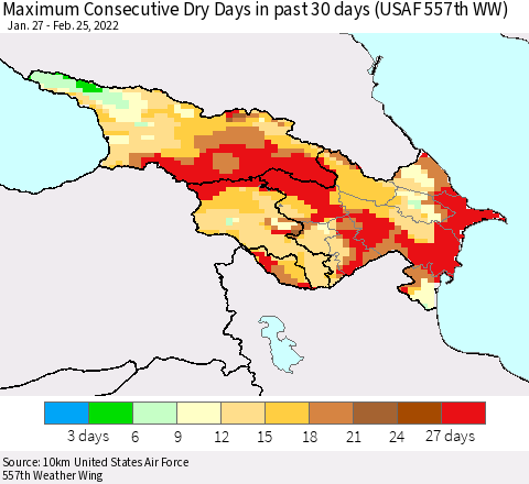 Azerbaijan, Armenia and Georgia Maximum Consecutive Dry Days in past 30 days (USAF 557th WW) 02/25/2022 Thematic Map For 2/21/2022 - 2/25/2022