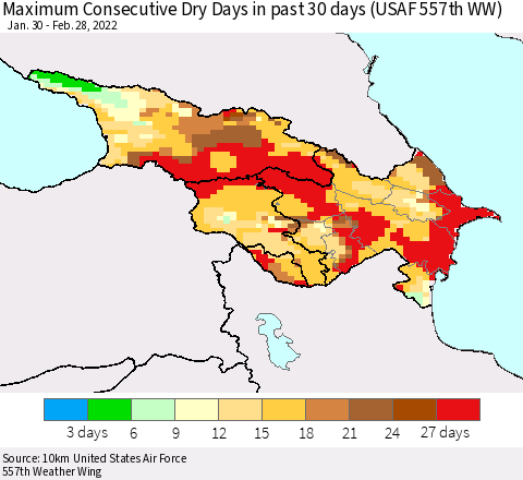 Azerbaijan, Armenia and Georgia Maximum Consecutive Dry Days in past 30 days (USAF 557th WW) 02/28/2022 Thematic Map For 2/26/2022 - 2/28/2022