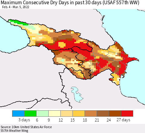 Azerbaijan, Armenia and Georgia Maximum Consecutive Dry Days in past 30 days (USAF 557th WW) 03/05/2022 Thematic Map For 3/1/2022 - 3/5/2022