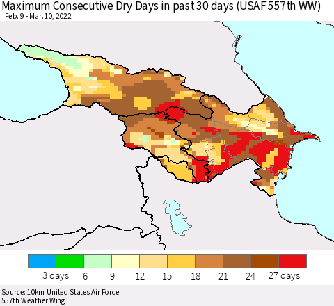 Azerbaijan, Armenia and Georgia Maximum Consecutive Dry Days in past 30 days (USAF 557th WW) 03/10/2022 Thematic Map For 3/6/2022 - 3/10/2022