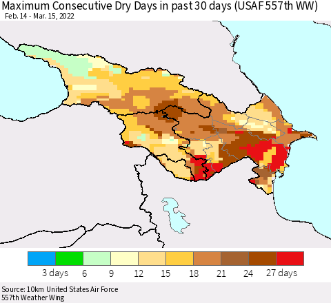 Azerbaijan, Armenia and Georgia Maximum Consecutive Dry Days in past 30 days (USAF 557th WW) 03/15/2022 Thematic Map For 3/11/2022 - 3/15/2022