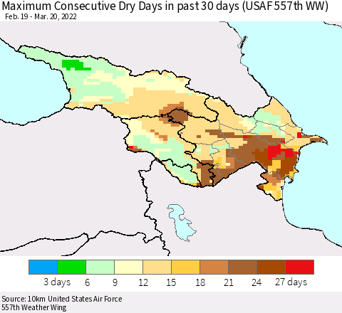 Azerbaijan, Armenia and Georgia Maximum Consecutive Dry Days in past 30 days (USAF 557th WW) 03/20/2022 Thematic Map For 3/16/2022 - 3/20/2022