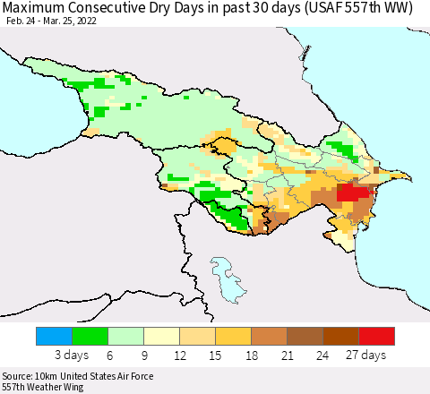 Azerbaijan, Armenia and Georgia Maximum Consecutive Dry Days in past 30 days (USAF 557th WW) 03/25/2022 Thematic Map For 3/21/2022 - 3/25/2022