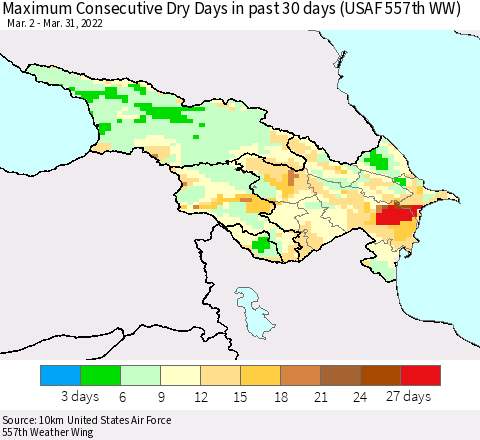 Azerbaijan, Armenia and Georgia Maximum Consecutive Dry Days in past 30 days (USAF 557th WW) 03/31/2022 Thematic Map For 3/26/2022 - 3/31/2022