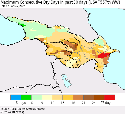 Azerbaijan, Armenia and Georgia Maximum Consecutive Dry Days in past 30 days (USAF 557th WW) 04/05/2022 Thematic Map For 4/1/2022 - 4/5/2022