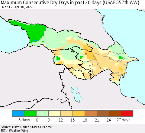 Azerbaijan, Armenia and Georgia Maximum Consecutive Dry Days in past 30 days (USAF 557th WW) 04/10/2022 Thematic Map For 4/6/2022 - 4/10/2022