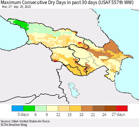 Azerbaijan, Armenia and Georgia Maximum Consecutive Dry Days in past 30 days (USAF 557th WW) 04/25/2022 Thematic Map For 4/21/2022 - 4/25/2022