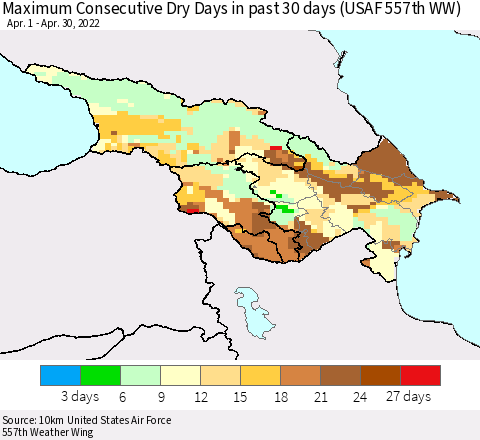 Azerbaijan, Armenia and Georgia Maximum Consecutive Dry Days in past 30 days (USAF 557th WW) 04/30/2022 Thematic Map For 4/26/2022 - 4/30/2022