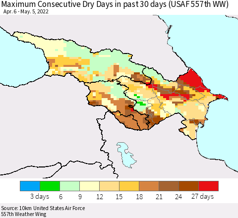 Azerbaijan, Armenia and Georgia Maximum Consecutive Dry Days in past 30 days (USAF 557th WW) 05/05/2022 Thematic Map For 5/1/2022 - 5/5/2022