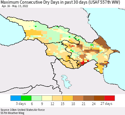 Azerbaijan, Armenia and Georgia Maximum Consecutive Dry Days in past 30 days (USAF 557th WW) 05/15/2022 Thematic Map For 5/11/2022 - 5/15/2022