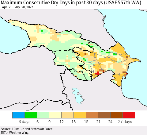 Azerbaijan, Armenia and Georgia Maximum Consecutive Dry Days in past 30 days (USAF 557th WW) 05/20/2022 Thematic Map For 5/16/2022 - 5/20/2022
