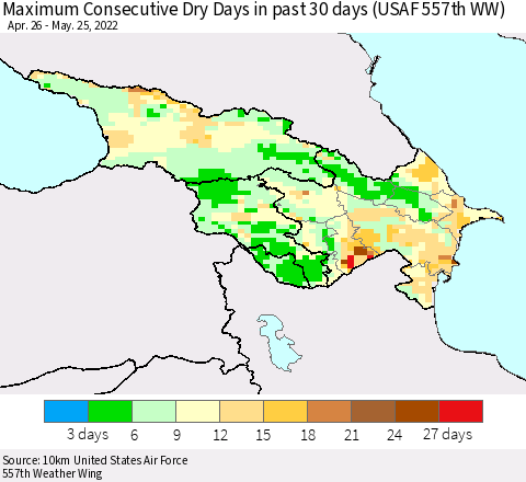 Azerbaijan, Armenia and Georgia Maximum Consecutive Dry Days in past 30 days (USAF 557th WW) 05/25/2022 Thematic Map For 5/21/2022 - 5/25/2022