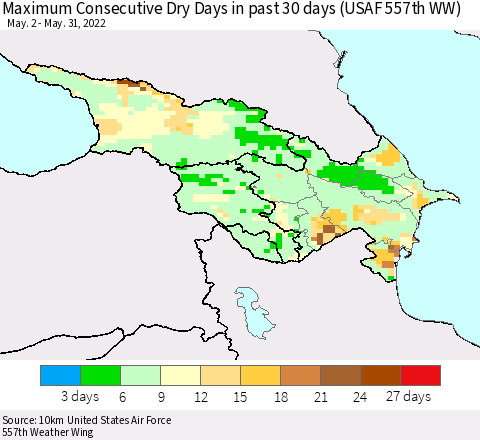Azerbaijan, Armenia and Georgia Maximum Consecutive Dry Days in past 30 days (USAF 557th WW) 05/31/2022 Thematic Map For 5/26/2022 - 5/31/2022
