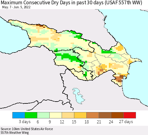 Azerbaijan, Armenia and Georgia Maximum Consecutive Dry Days in past 30 days (USAF 557th WW) 06/05/2022 Thematic Map For 6/1/2022 - 6/5/2022