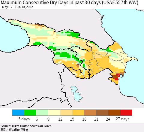Azerbaijan, Armenia and Georgia Maximum Consecutive Dry Days in past 30 days (USAF 557th WW) 06/10/2022 Thematic Map For 6/6/2022 - 6/10/2022