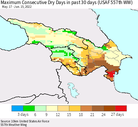 Azerbaijan, Armenia and Georgia Maximum Consecutive Dry Days in past 30 days (USAF 557th WW) 06/15/2022 Thematic Map For 6/11/2022 - 6/15/2022
