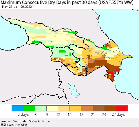 Azerbaijan, Armenia and Georgia Maximum Consecutive Dry Days in past 30 days (USAF 557th WW) 06/20/2022 Thematic Map For 6/16/2022 - 6/20/2022