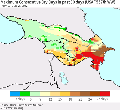 Azerbaijan, Armenia and Georgia Maximum Consecutive Dry Days in past 30 days (USAF 557th WW) 06/25/2022 Thematic Map For 6/21/2022 - 6/25/2022
