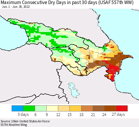 Azerbaijan, Armenia and Georgia Maximum Consecutive Dry Days in past 30 days (USAF 557th WW) 06/30/2022 Thematic Map For 6/26/2022 - 6/30/2022