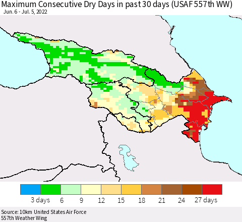 Azerbaijan, Armenia and Georgia Maximum Consecutive Dry Days in past 30 days (USAF 557th WW) 07/05/2022 Thematic Map For 7/1/2022 - 7/5/2022
