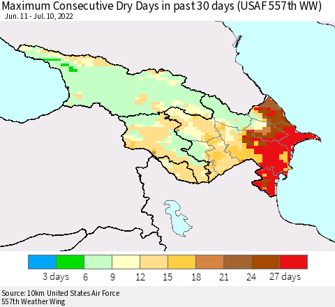 Azerbaijan, Armenia and Georgia Maximum Consecutive Dry Days in past 30 days (USAF 557th WW) 07/10/2022 Thematic Map For 7/6/2022 - 7/10/2022
