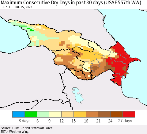 Azerbaijan, Armenia and Georgia Maximum Consecutive Dry Days in past 30 days (USAF 557th WW) 07/15/2022 Thematic Map For 7/11/2022 - 7/15/2022