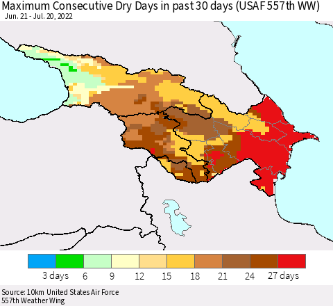 Azerbaijan, Armenia and Georgia Maximum Consecutive Dry Days in past 30 days (USAF 557th WW) 07/20/2022 Thematic Map For 7/16/2022 - 7/20/2022