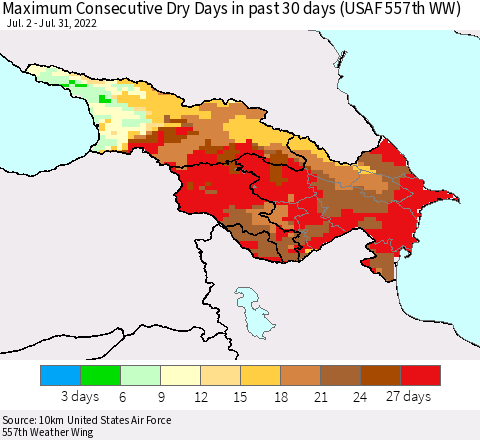 Azerbaijan, Armenia and Georgia Maximum Consecutive Dry Days in past 30 days (USAF 557th WW) 07/31/2022 Thematic Map For 7/26/2022 - 7/31/2022