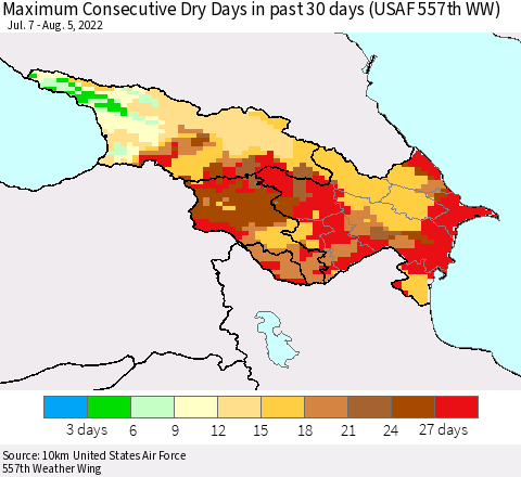 Azerbaijan, Armenia and Georgia Maximum Consecutive Dry Days in past 30 days (USAF 557th WW) 08/05/2022 Thematic Map For 8/1/2022 - 8/5/2022