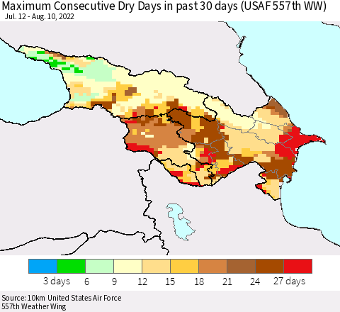 Azerbaijan, Armenia and Georgia Maximum Consecutive Dry Days in past 30 days (USAF 557th WW) 08/10/2022 Thematic Map For 8/6/2022 - 8/10/2022