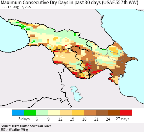 Azerbaijan, Armenia and Georgia Maximum Consecutive Dry Days in past 30 days (USAF 557th WW) 08/15/2022 Thematic Map For 8/11/2022 - 8/15/2022