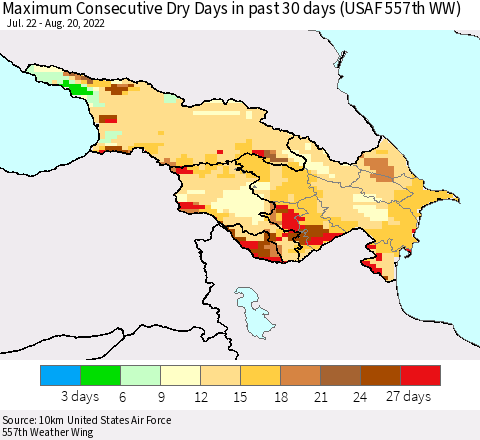 Azerbaijan, Armenia and Georgia Maximum Consecutive Dry Days in past 30 days (USAF 557th WW) 08/20/2022 Thematic Map For 8/16/2022 - 8/20/2022