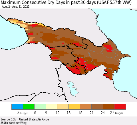 Azerbaijan, Armenia and Georgia Maximum Consecutive Dry Days in past 30 days (USAF 557th WW) 08/31/2022 Thematic Map For 8/26/2022 - 8/31/2022