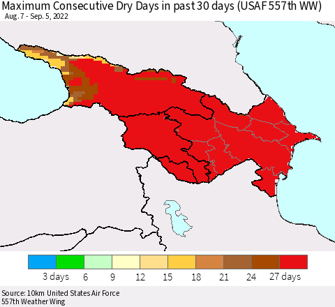 Azerbaijan, Armenia and Georgia Maximum Consecutive Dry Days in past 30 days (USAF 557th WW) 09/05/2022 Thematic Map For 9/1/2022 - 9/5/2022