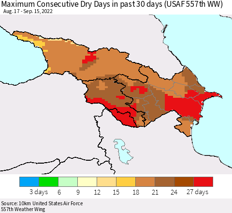 Azerbaijan, Armenia and Georgia Maximum Consecutive Dry Days in past 30 days (USAF 557th WW) 09/15/2022 Thematic Map For 9/11/2022 - 9/15/2022