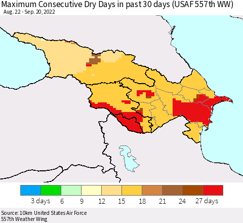 Azerbaijan, Armenia and Georgia Maximum Consecutive Dry Days in past 30 days (USAF 557th WW) 09/20/2022 Thematic Map For 9/16/2022 - 9/20/2022