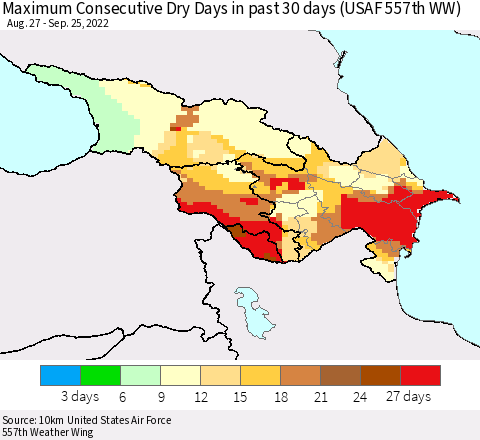 Azerbaijan, Armenia and Georgia Maximum Consecutive Dry Days in past 30 days (USAF 557th WW) 09/25/2022 Thematic Map For 9/21/2022 - 9/25/2022