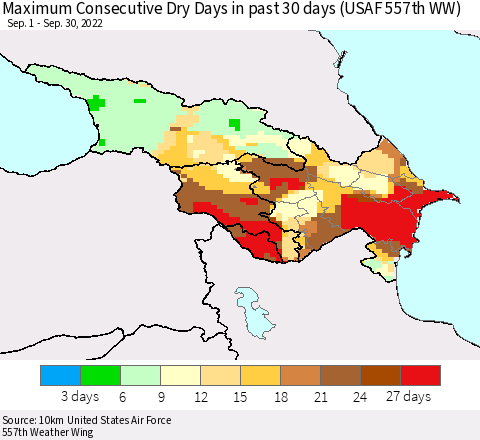 Azerbaijan, Armenia and Georgia Maximum Consecutive Dry Days in past 30 days (USAF 557th WW) 09/30/2022 Thematic Map For 9/26/2022 - 9/30/2022