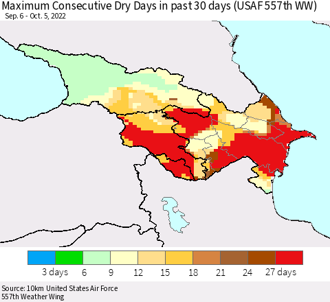 Azerbaijan, Armenia and Georgia Maximum Consecutive Dry Days in past 30 days (USAF 557th WW) 10/05/2022 Thematic Map For 10/1/2022 - 10/5/2022