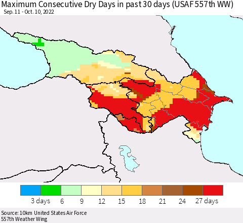 Azerbaijan, Armenia and Georgia Maximum Consecutive Dry Days in past 30 days (USAF 557th WW) 10/10/2022 Thematic Map For 10/6/2022 - 10/10/2022