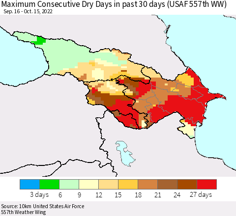 Azerbaijan, Armenia and Georgia Maximum Consecutive Dry Days in past 30 days (USAF 557th WW) 10/15/2022 Thematic Map For 10/11/2022 - 10/15/2022