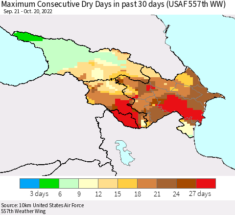 Azerbaijan, Armenia and Georgia Maximum Consecutive Dry Days in past 30 days (USAF 557th WW) 10/20/2022 Thematic Map For 10/16/2022 - 10/20/2022