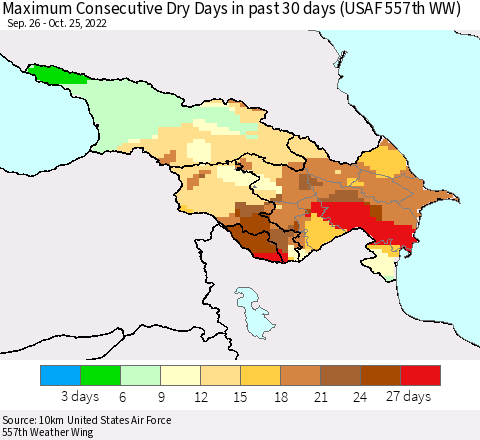 Azerbaijan, Armenia and Georgia Maximum Consecutive Dry Days in past 30 days (USAF 557th WW) 10/25/2022 Thematic Map For 10/21/2022 - 10/25/2022