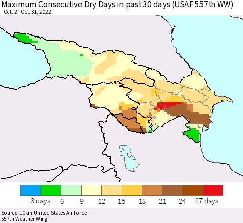 Azerbaijan, Armenia and Georgia Maximum Consecutive Dry Days in past 30 days (USAF 557th WW) 10/31/2022 Thematic Map For 10/26/2022 - 10/31/2022