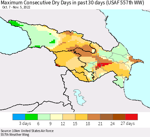 Azerbaijan, Armenia and Georgia Maximum Consecutive Dry Days in past 30 days (USAF 557th WW) 11/05/2022 Thematic Map For 11/1/2022 - 11/5/2022
