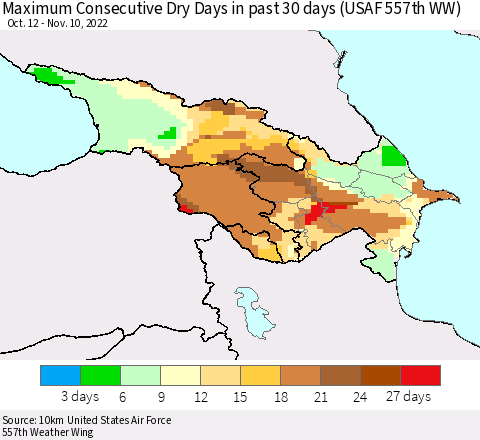Azerbaijan, Armenia and Georgia Maximum Consecutive Dry Days in past 30 days (USAF 557th WW) 11/10/2022 Thematic Map For 11/6/2022 - 11/10/2022