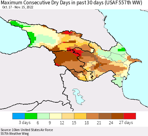 Azerbaijan, Armenia and Georgia Maximum Consecutive Dry Days in past 30 days (USAF 557th WW) 11/15/2022 Thematic Map For 11/11/2022 - 11/15/2022